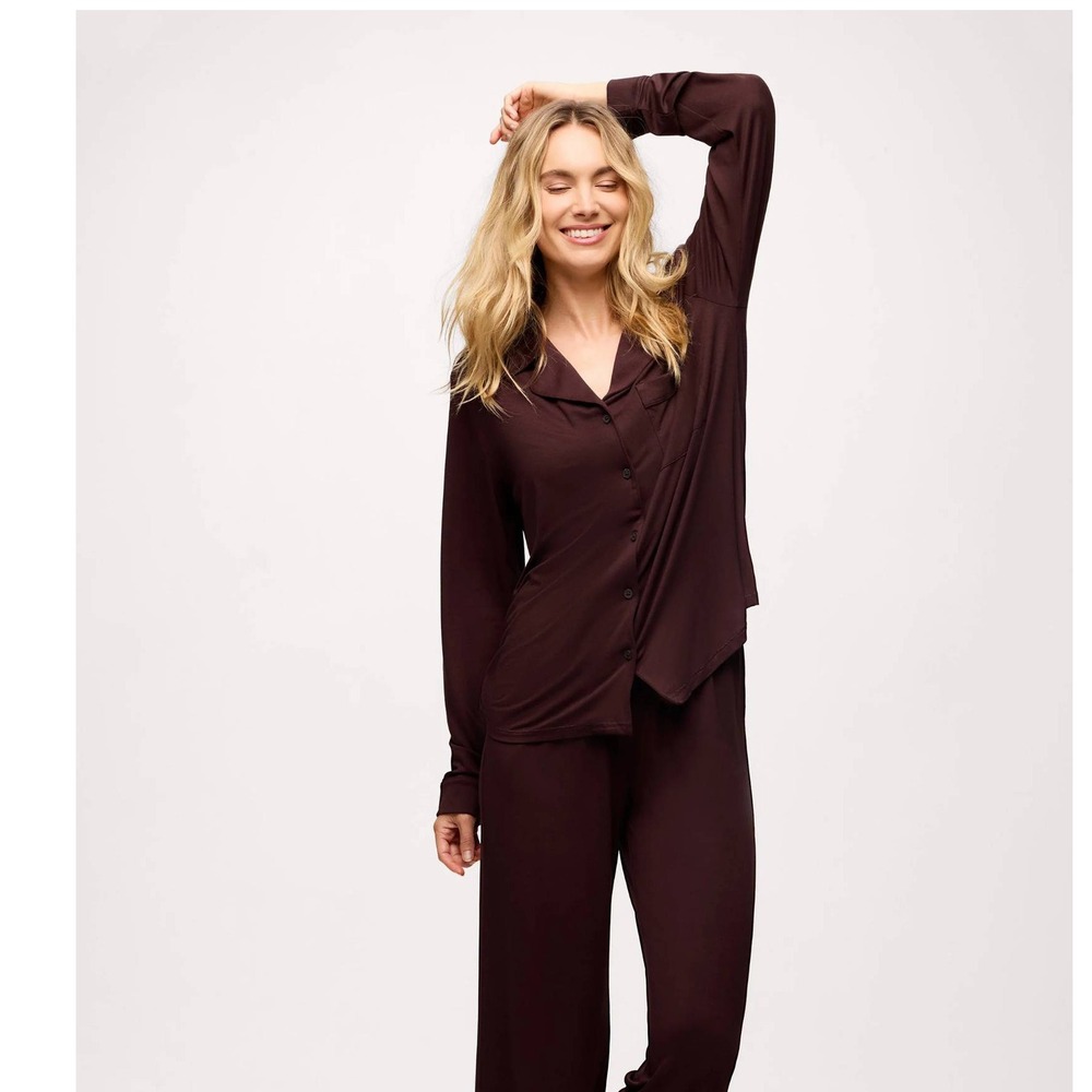 Nuuds Long Sleeve Button Up Pj Top Espresso Large New With Tags